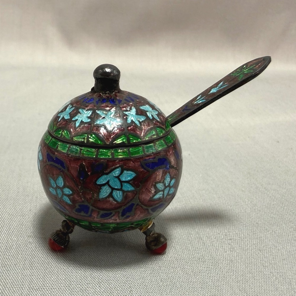 Vintage Indian Meenakari 925 Sterling Silver Salt Cellar Spoon Set Green Enamel